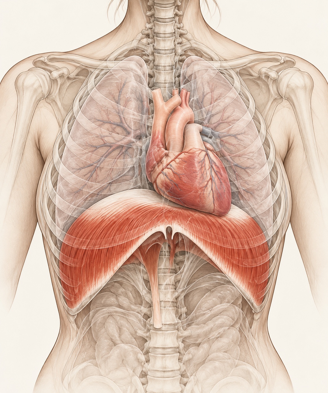 Front view anatomy drawing of the chest showing the dome-shaped diaphragm muscle in red beneath the lungs and heart, with the ribs and spine