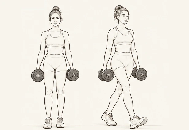 Editorial line-art illustration of the Farmers Walk: standing hold and walking with weights