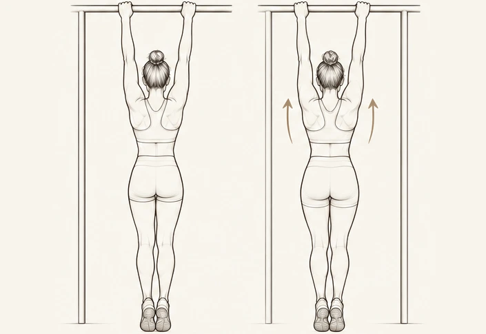 Editorial line-art illustration of Dead Hangs from a bar, with shoulders engaged