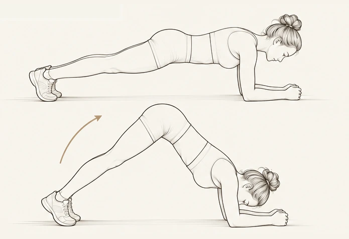 Editorial line-art illustration of Plank Butt Ups: forearm plank lifting the hips toward a pike
