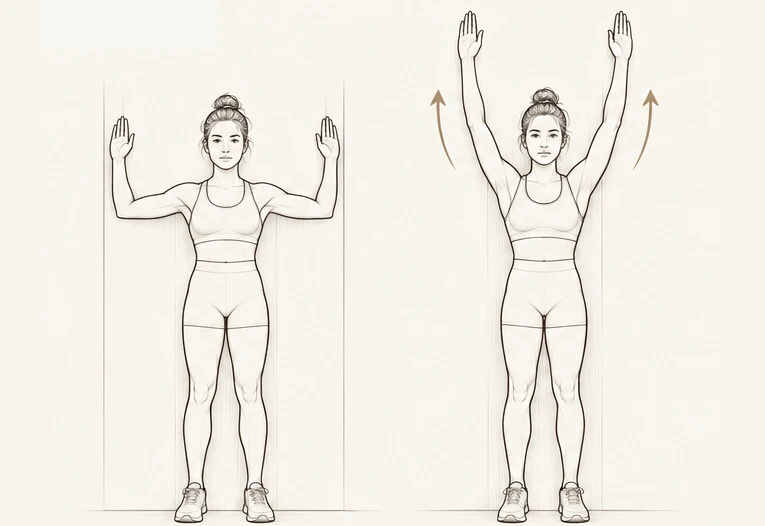 Editorial line-art illustration of Wall Angels: arms against the wall, raised and lowered