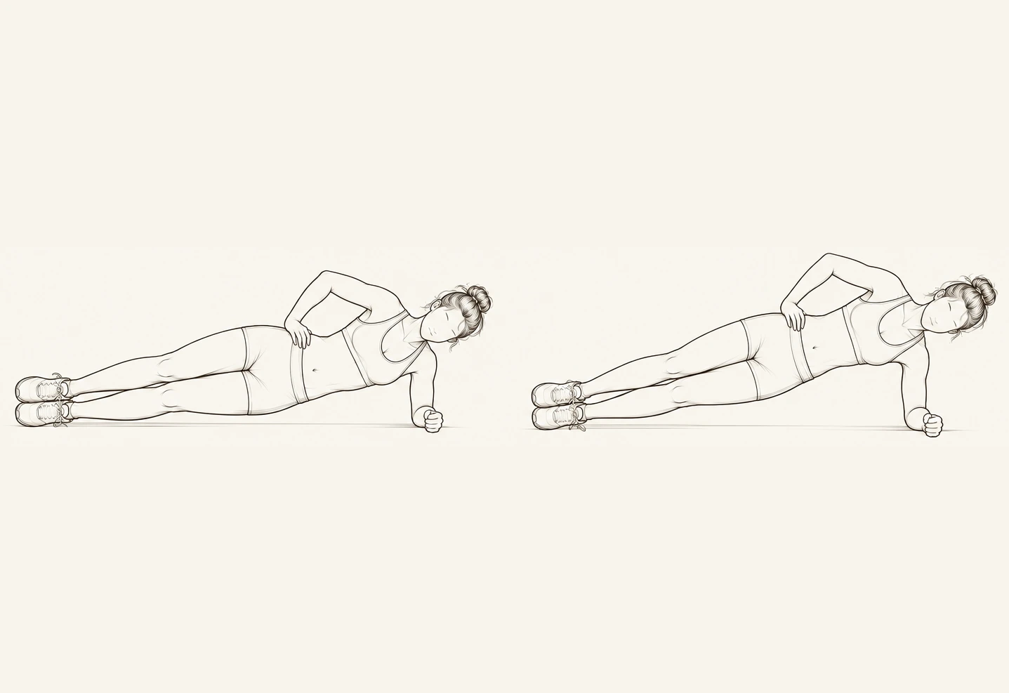 Editorial line-art illustration of the McGill Side Plank, elbow-down and raised position